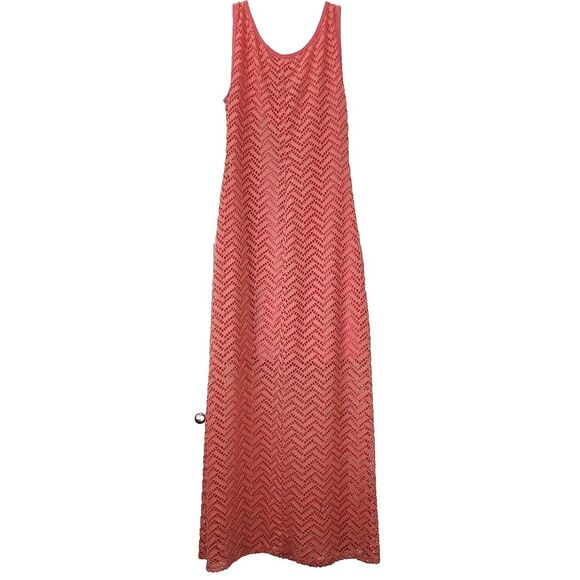 Roz & Ali Size 12 Maxi Dress Stretch Eyelet Over Lining Salmon Pink Poly Spandex - Picture 7 of 7